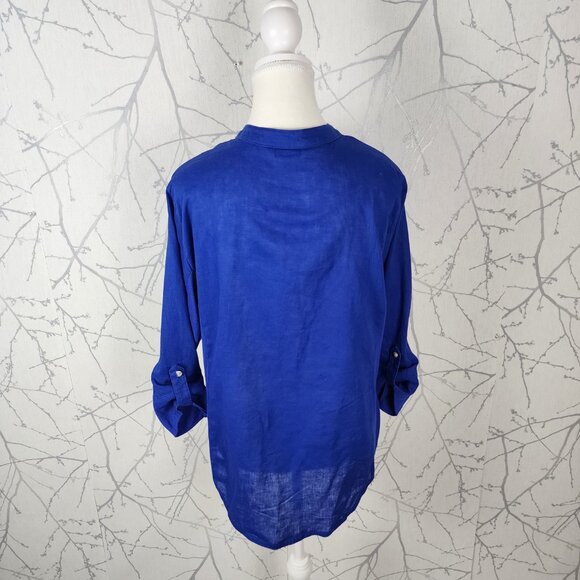 Alia Royal Blue Linen Cotton Button Front Western Style Blouse - Picture 5 of 7